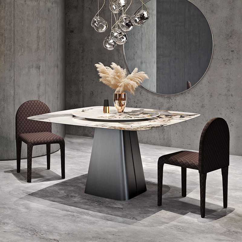 Modern Simple Italian Dining Table Chair Set Rock Plate Turntable for 4 People Metal for Living Room