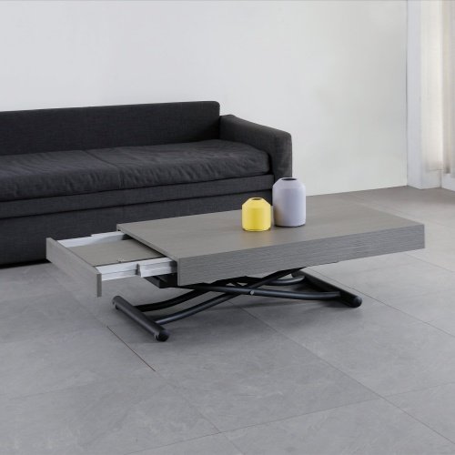 Modern Style Height Adjustable Extendable Transforming Grey Coffee Table Dining Table Wood Panel Space-Saving Home Furniture