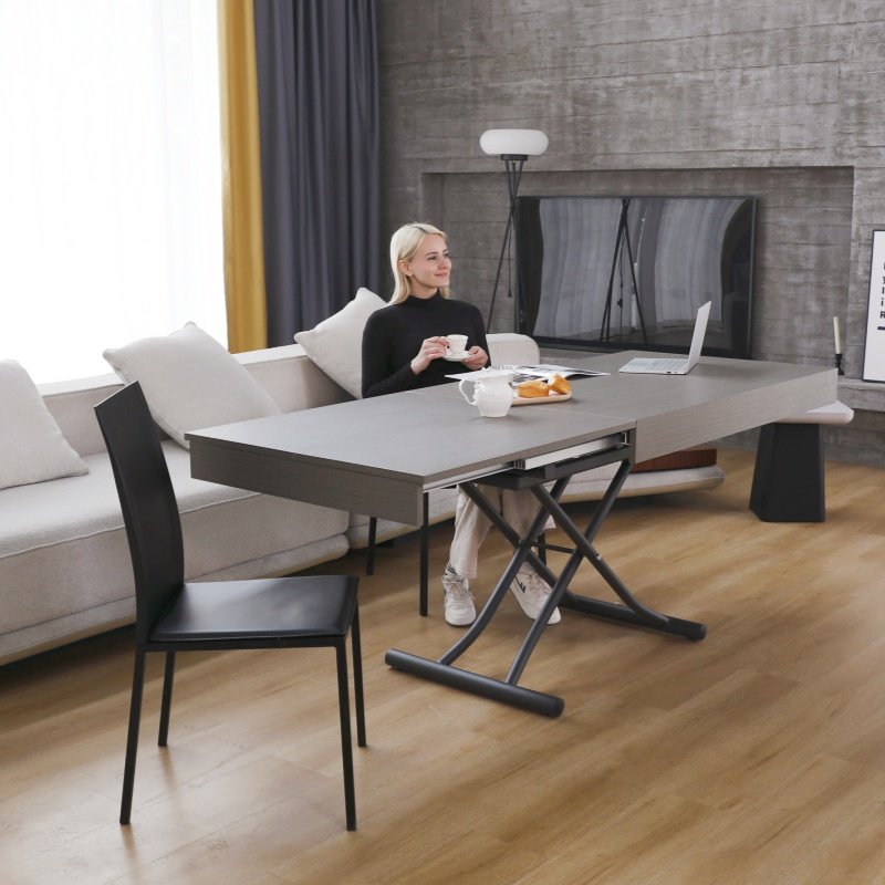 Modern Style Height Adjustable Extendable Transforming Grey Coffee Table Dining Table Wood Panel Space-Saving Home Furniture