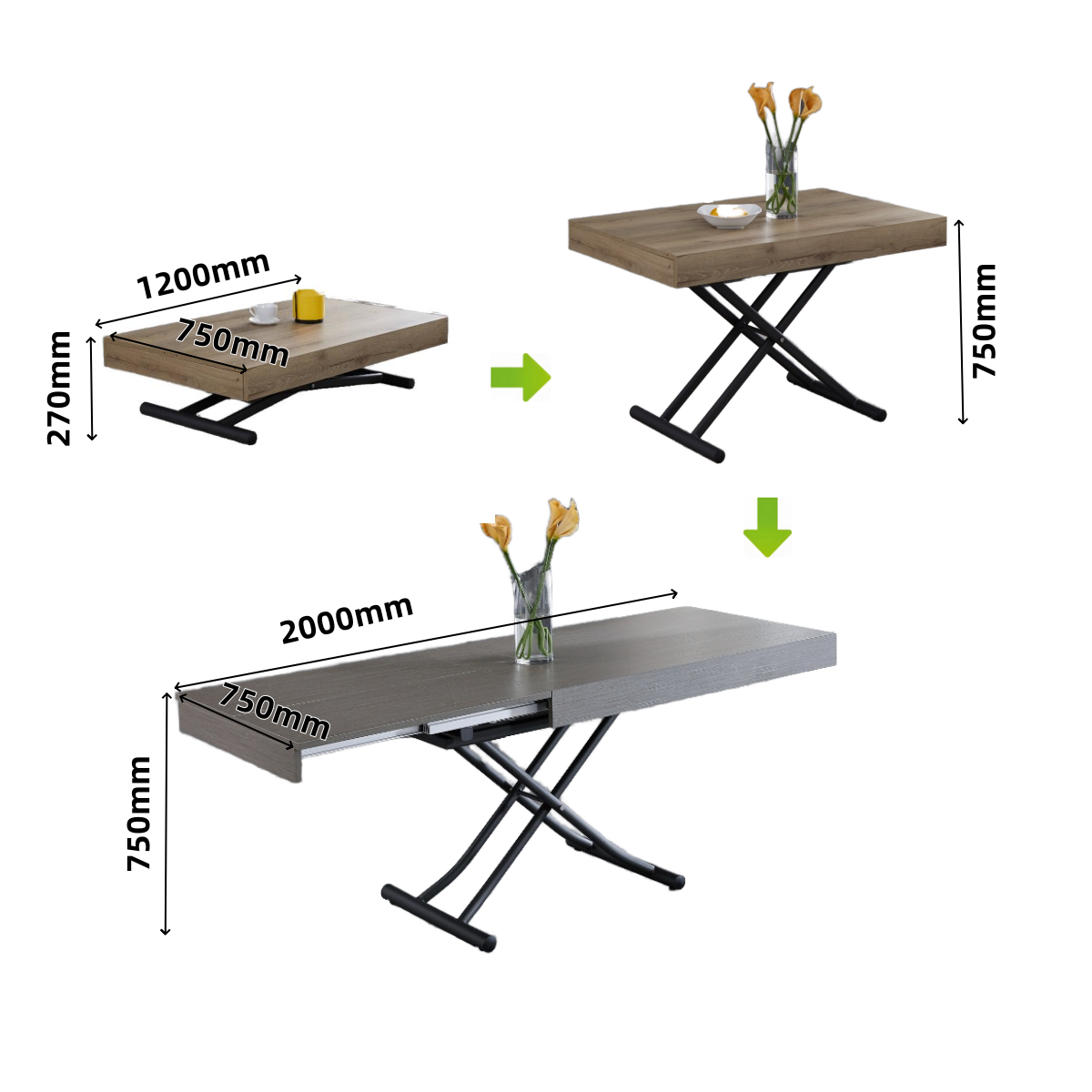 Modern Style Height Adjustable Extendable Transforming Grey Coffee Table Dining Table Wood Panel Space-Saving Home Furniture