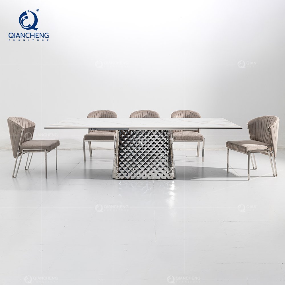 QIANCHENG fine dining high gloss furniture luxury marble glam dining set beautiful dinning table living room dinner table