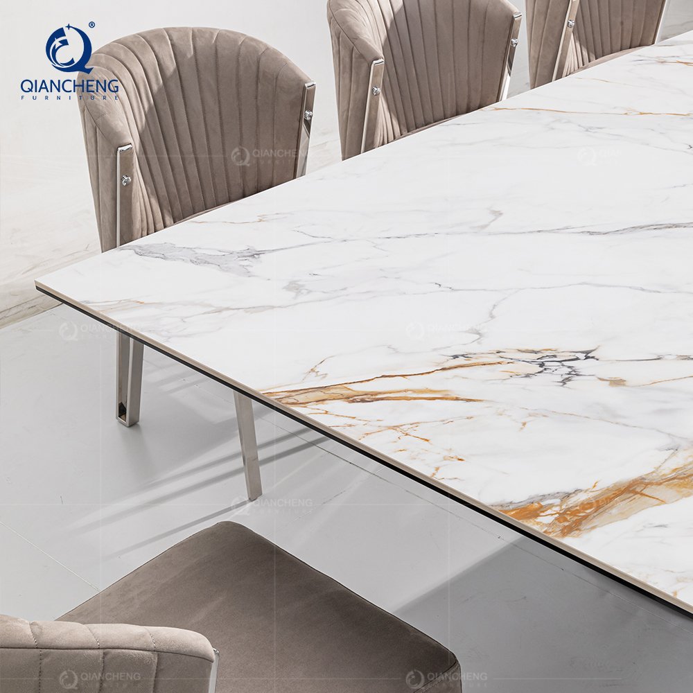 QIANCHENG fine dining high gloss furniture luxury marble glam dining set beautiful dinning table living room dinner table