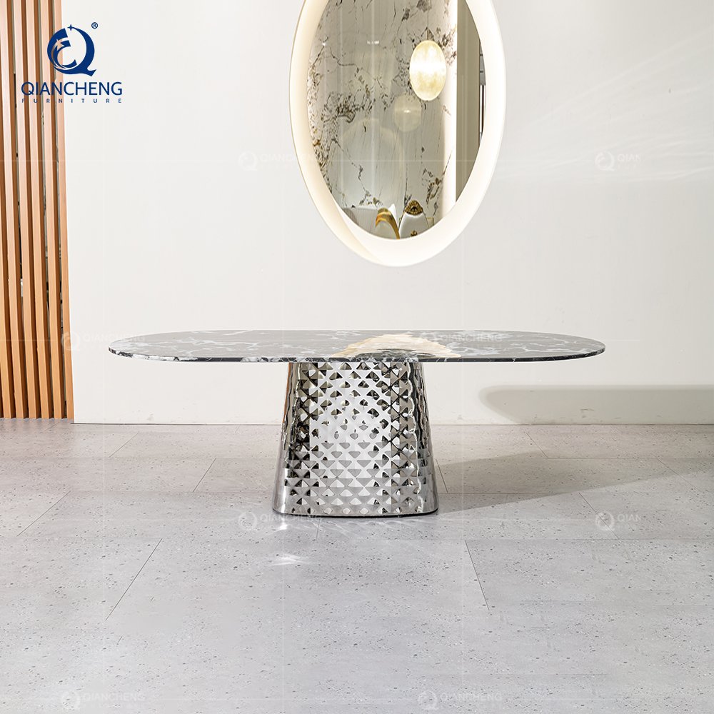 QIANCHENG fine dining high gloss furniture luxury marble glam dining set beautiful dinning table living room dinner table