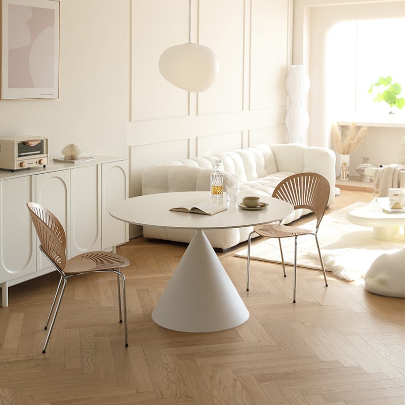 Modern French Cream round Dining Table with Small Waist Design Metal Rock Plate Leg for Home or Bar Use