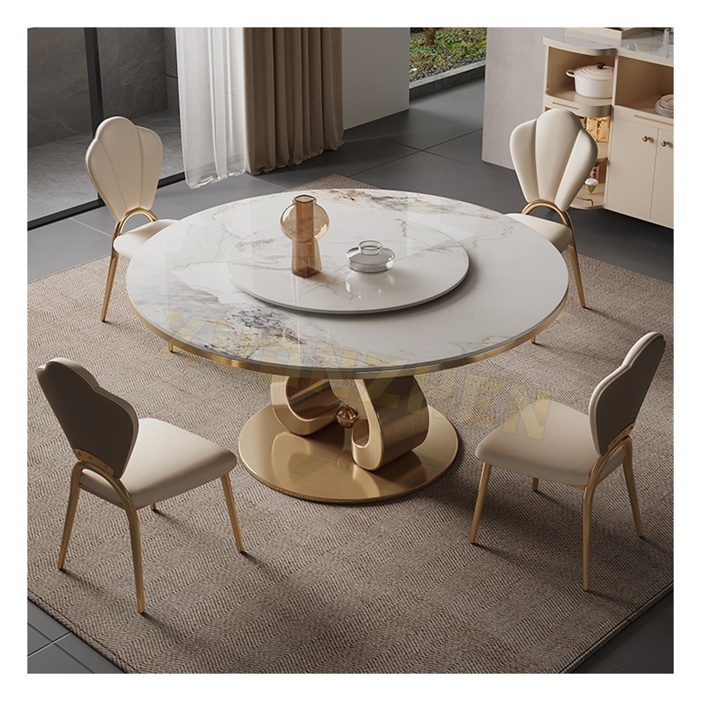 Dining room furniture round gold stainless steel white sinered stone marble luxury dining table set dining tables