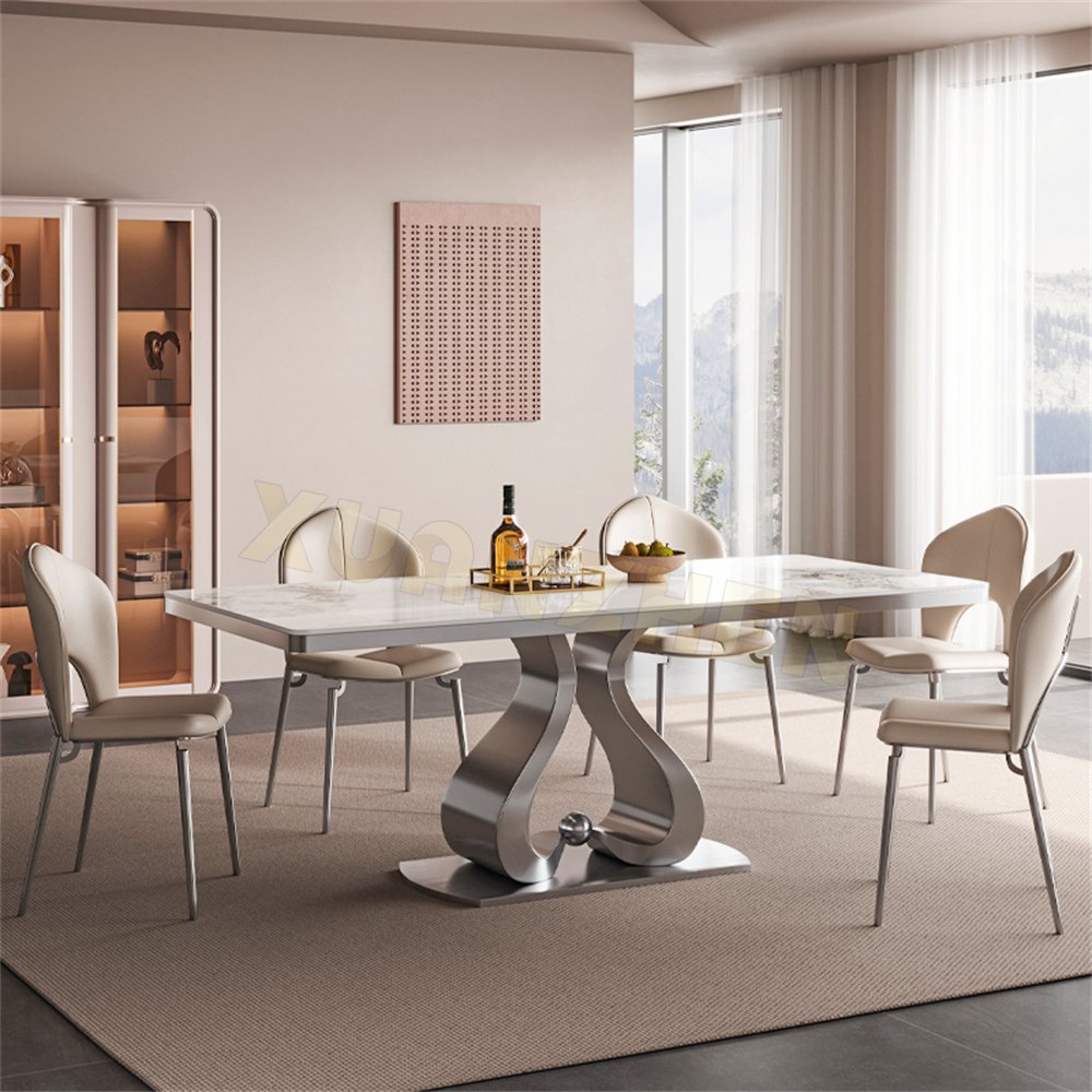 Dining room furniture round gold stainless steel white sinered stone marble luxury dining table set dining tables