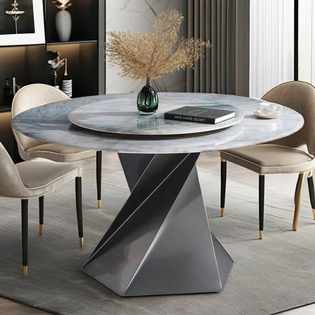 Customized Light Luxury Blue Super Crystal Rock Plate Countertop Round Dining Table with Rotating Turntable Design