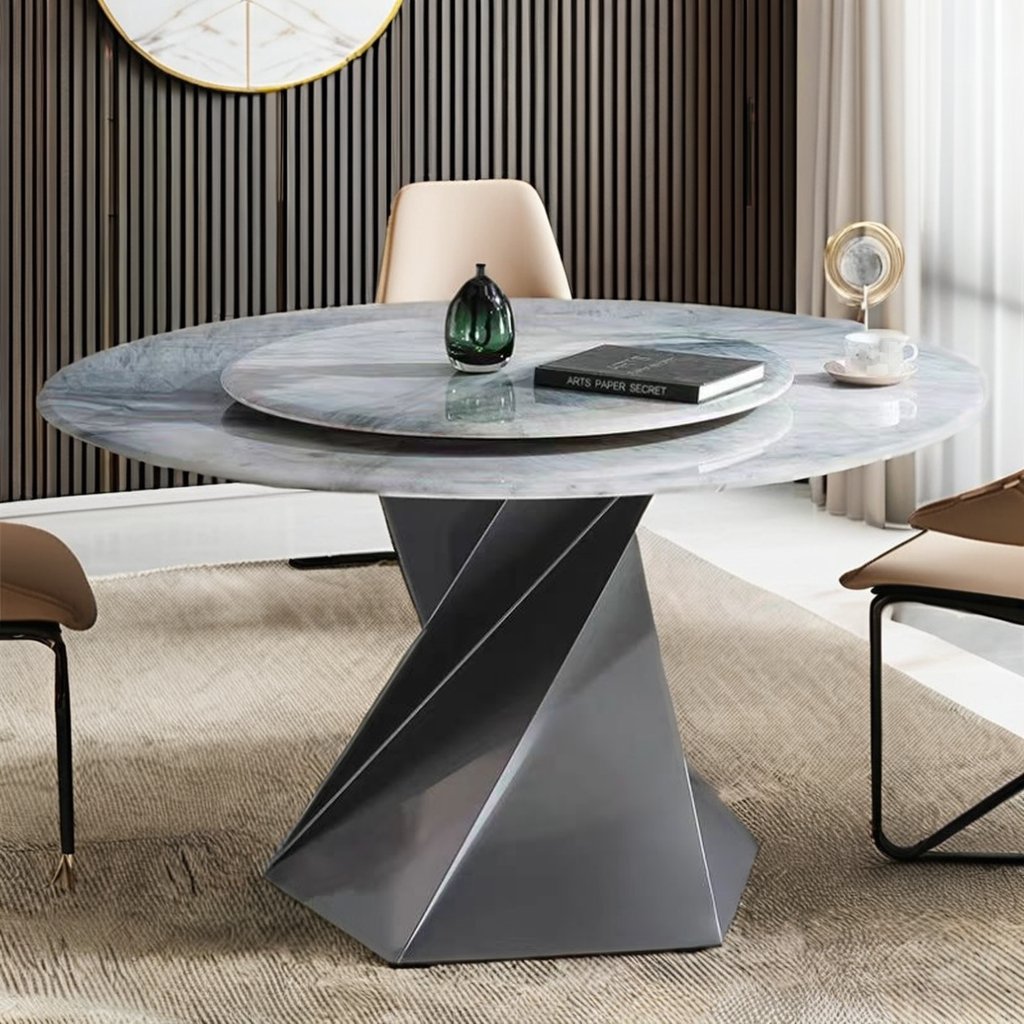 Customized Light Luxury Blue Super Crystal Rock Plate Countertop Round Dining Table with Rotating Turntable Design
