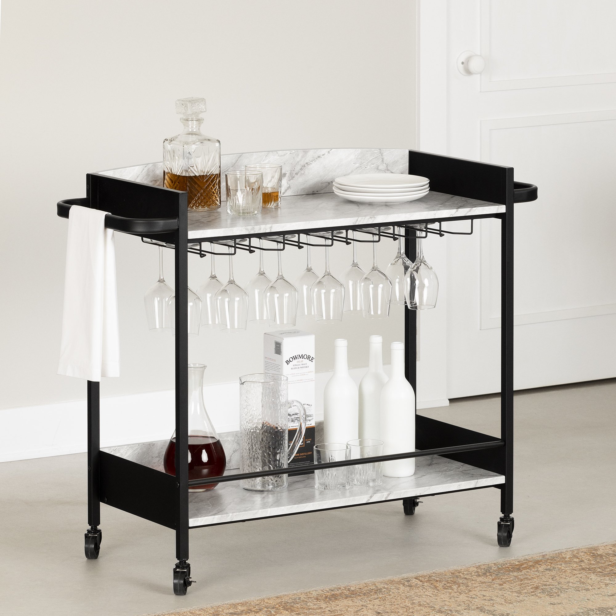 South Shore City Life Bar Cart with Wine Glass Rack Black and Faux Carrara Marble