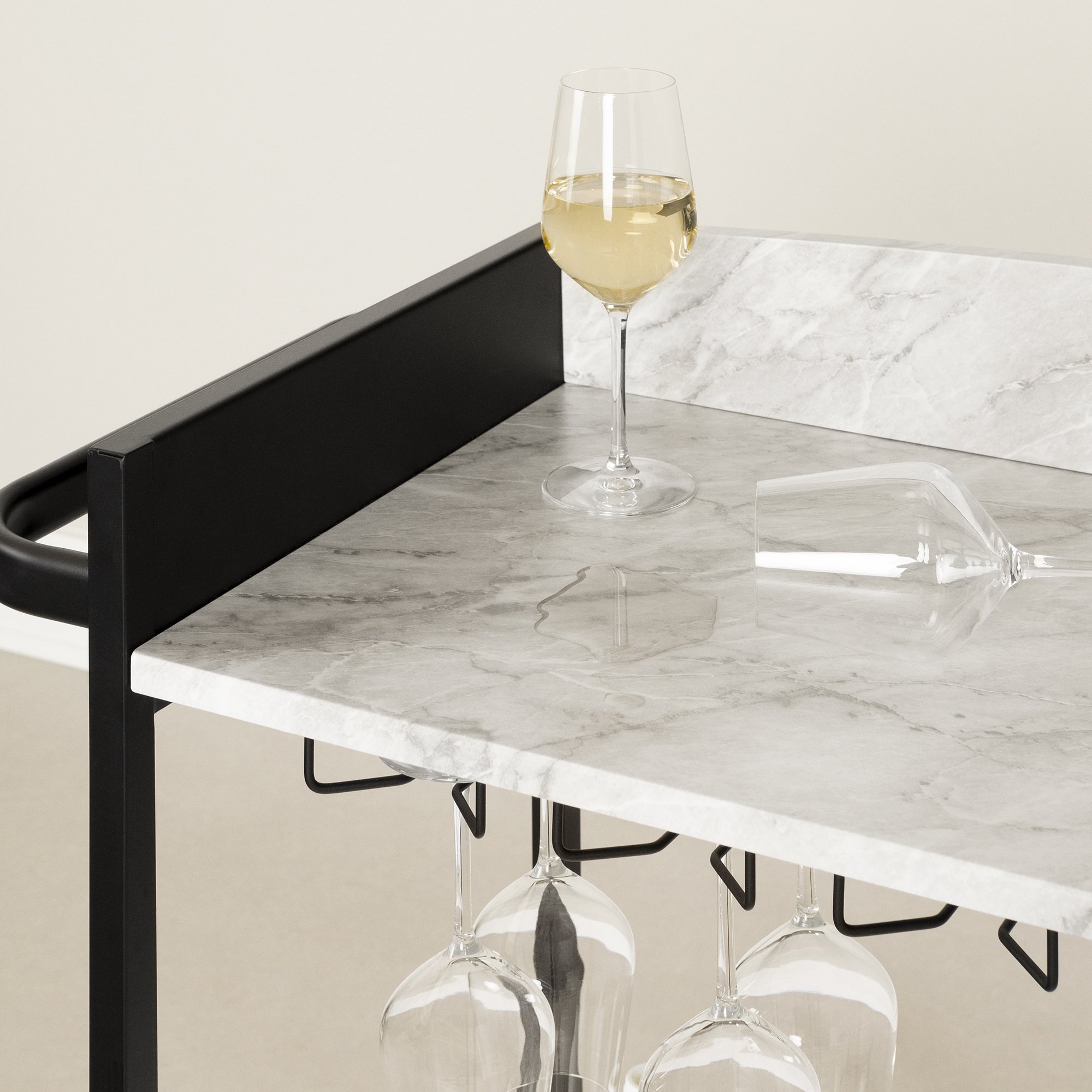 South Shore City Life Bar Cart with Wine Glass Rack Black and Faux Carrara Marble