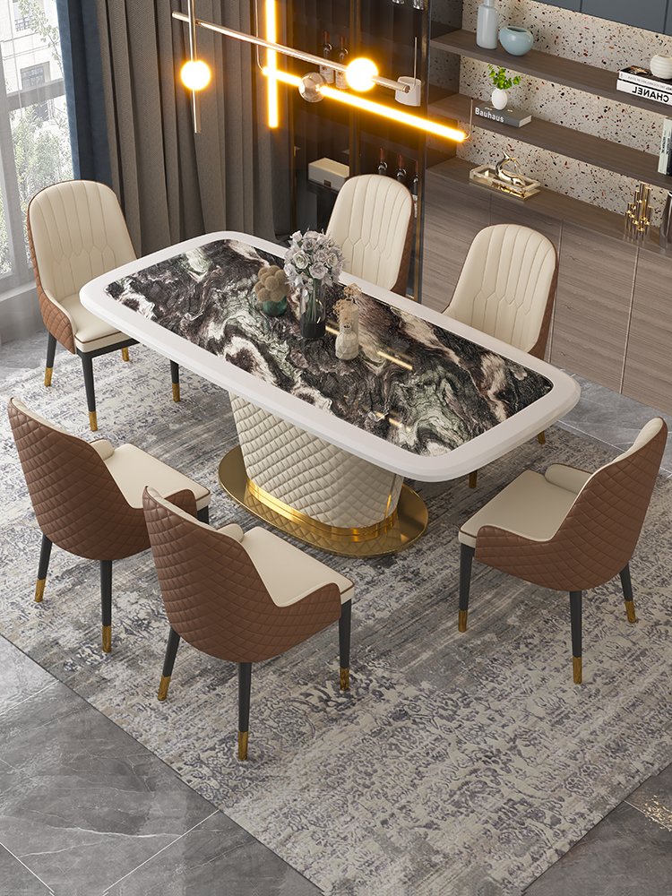 Foshan supplier home furniture rectangular wooden dining table light luxury marble dining table and chair set for 6