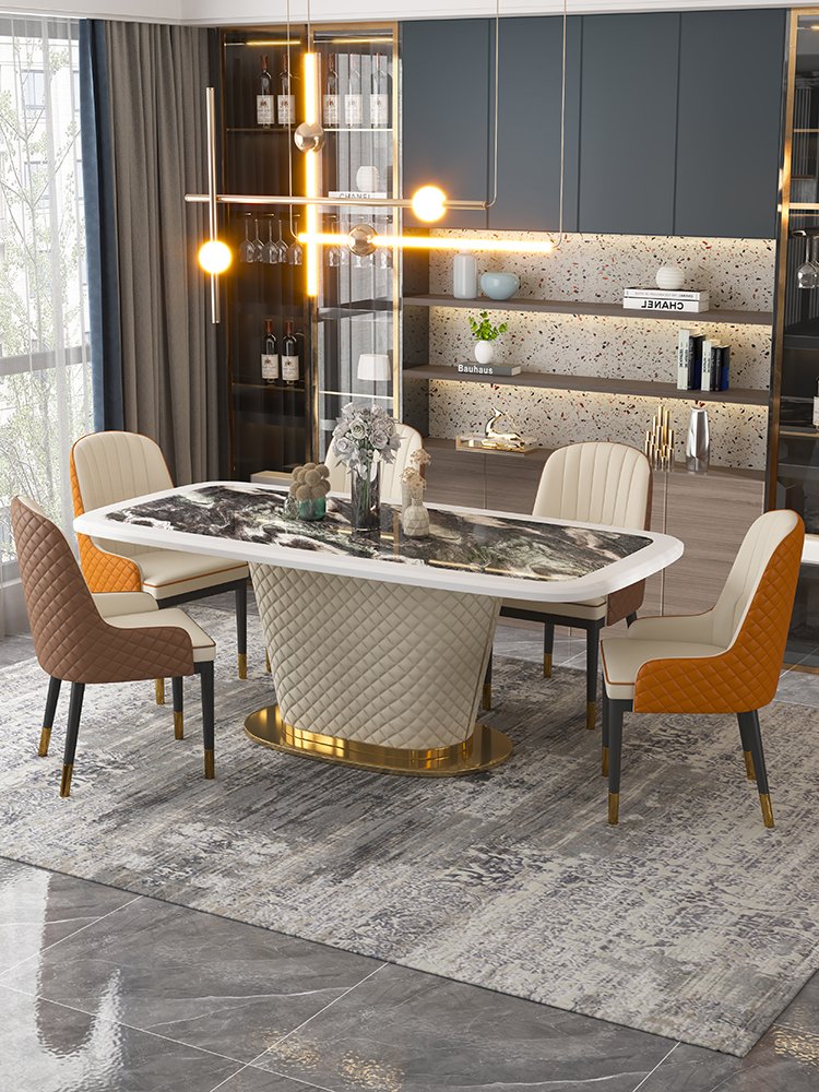 Foshan supplier home furniture rectangular wooden dining table light luxury marble dining table and chair set for 6