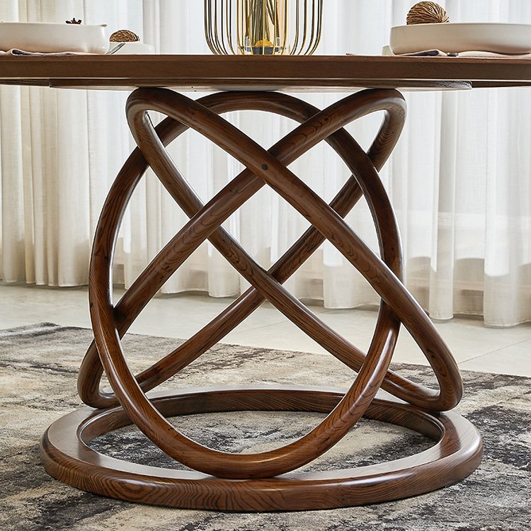 Art Design Minimalist Unique Circle Base 4 Seat Dining Room Set Solid Wood Top Round Wood Dining Table