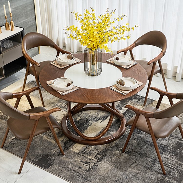 Art Design Minimalist Unique Circle Base 4 Seat Dining Room Set Solid Wood Top Round Wood Dining Table