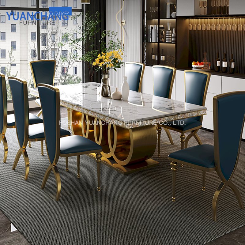 YuanChang living room furniture dining table set 6 seater luxury gold grey marble dining table for 6 people