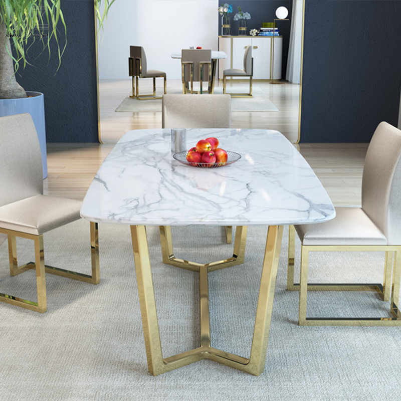 Hot Sale Gold Brushed Stainless Steel Base Modern Luxury Artificial Marble Top Dining Table For Dining Room