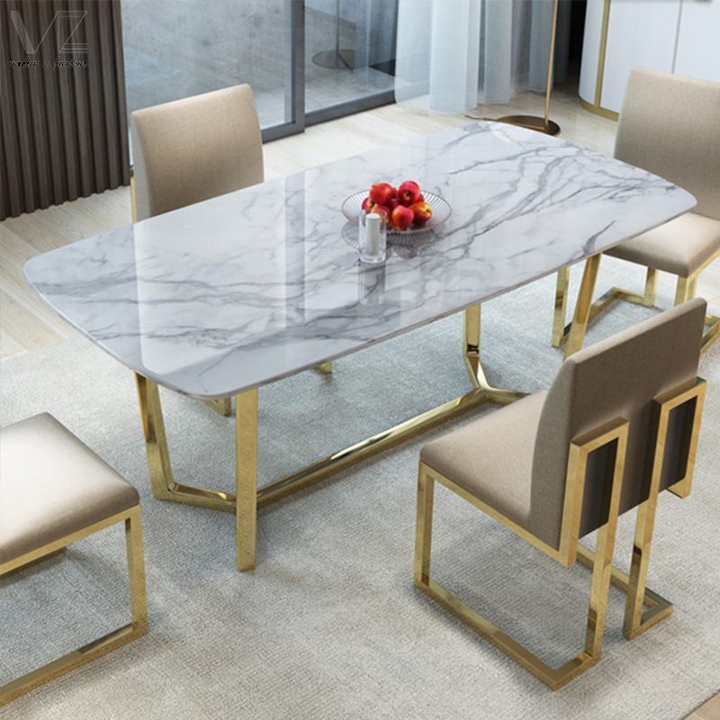 Hot Sale Gold Brushed Stainless Steel Base Modern Luxury Artificial Marble Top Dining Table For Dining Room