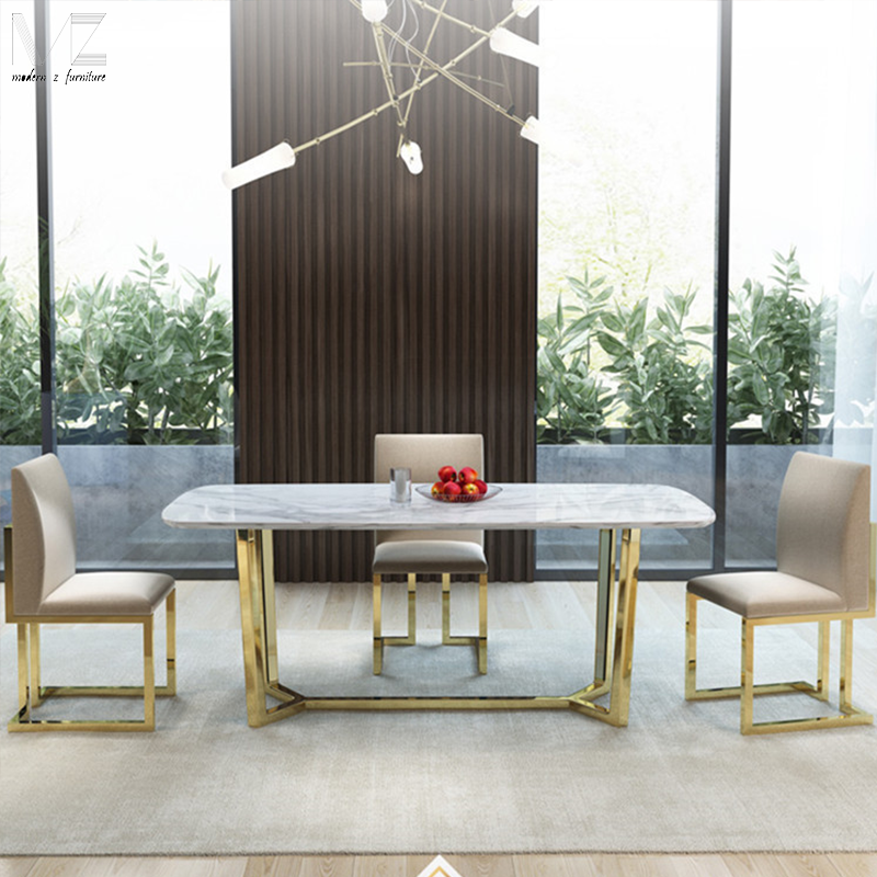 Hot Sale Gold Brushed Stainless Steel Base Modern Luxury Artificial Marble Top Dining Table For Dining Room