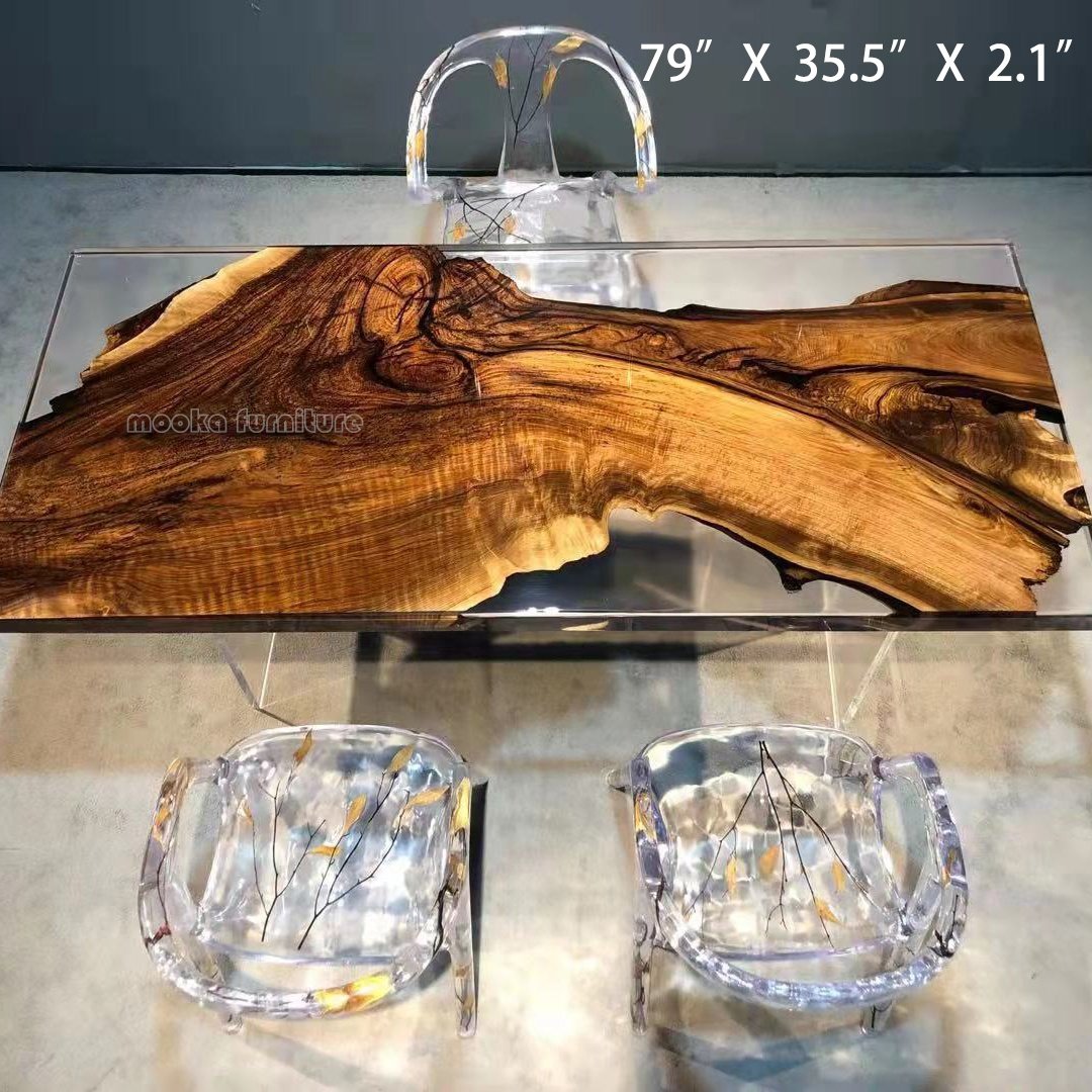 Luxury European walnut clear epoxy resin table wooden 6 seater dining table