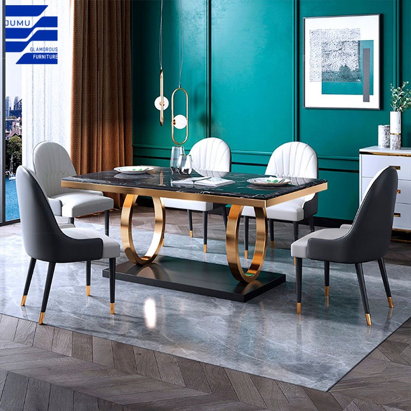 Nordic Luxury Rectangular Dining Table Set Modern Wooden and Steel Furniture with Chairs for Restaurant