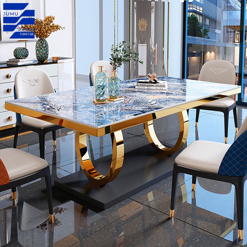 Nordic Luxury Rectangular Dining Table Set Modern Wooden and Steel Furniture with Chairs for Restaurant