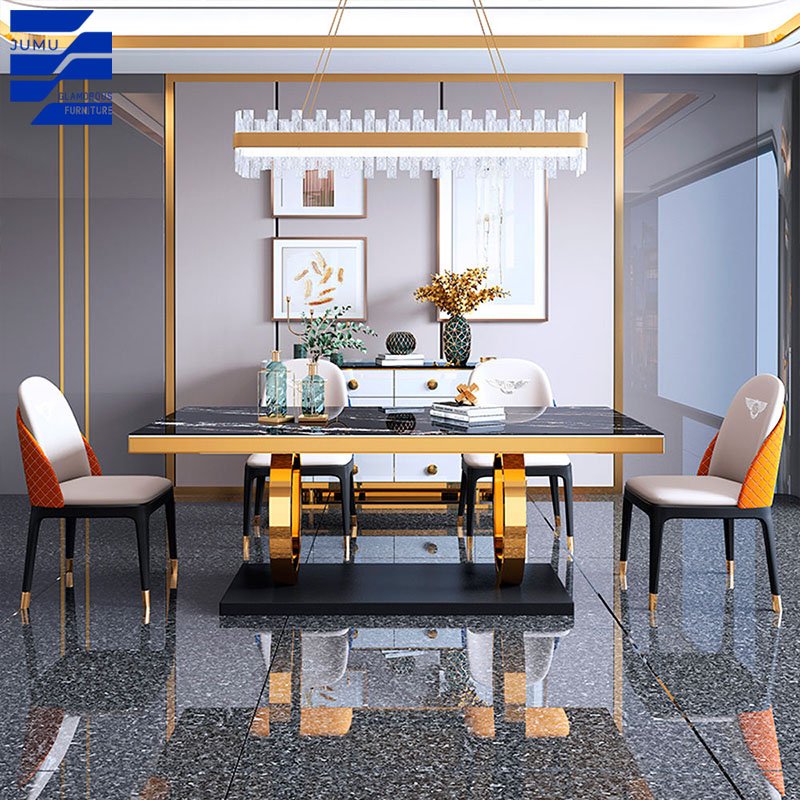 Nordic Luxury Rectangular Dining Table Set Modern Wooden and Steel Furniture with Chairs for Restaurant