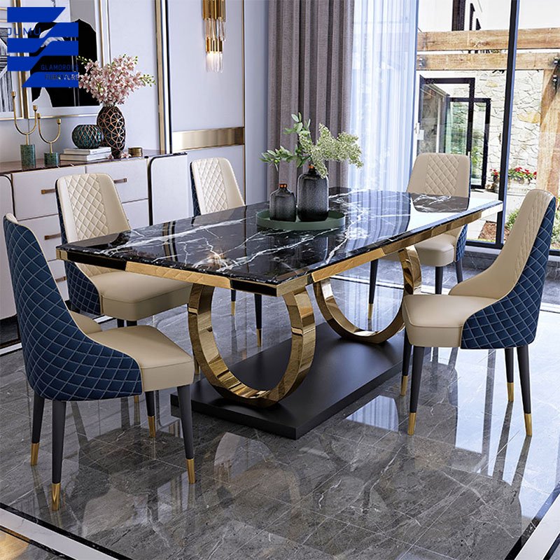 Nordic Luxury Rectangular Dining Table Set Modern Wooden and Steel Furniture with Chairs for Restaurant