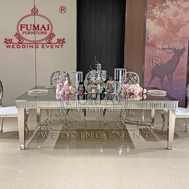 Contemporary Rectangle Crystal Glass Side Silver Dining Table