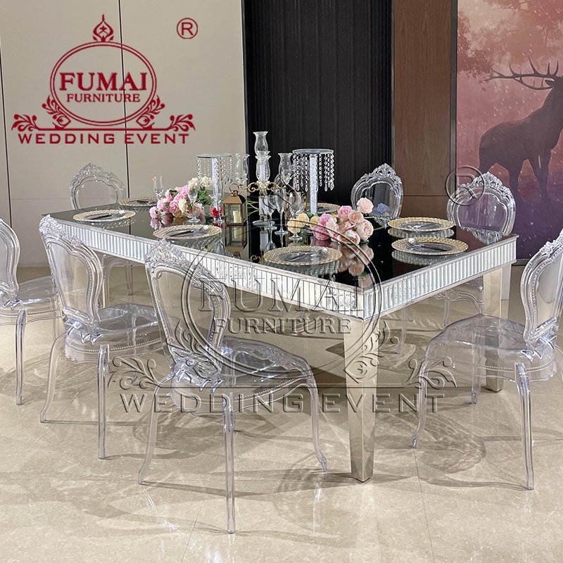 Contemporary Rectangle Crystal Glass Side Silver Dining Table