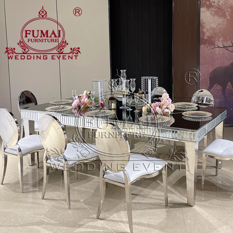 Contemporary Rectangle Crystal Glass Side Silver Dining Table