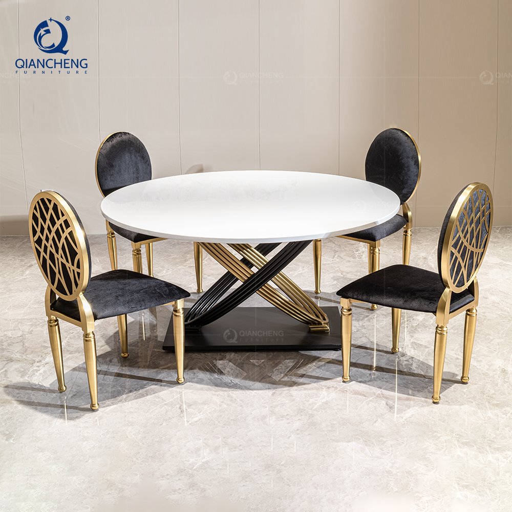 QIANCHENG stainless steel furniture supplier round marble gold tables modern elegant italian luxury dining table set