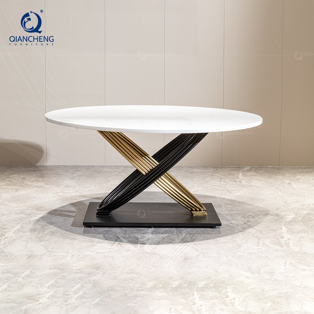 QIANCHENG stainless steel furniture supplier round marble gold tables modern elegant italian luxury dining table set