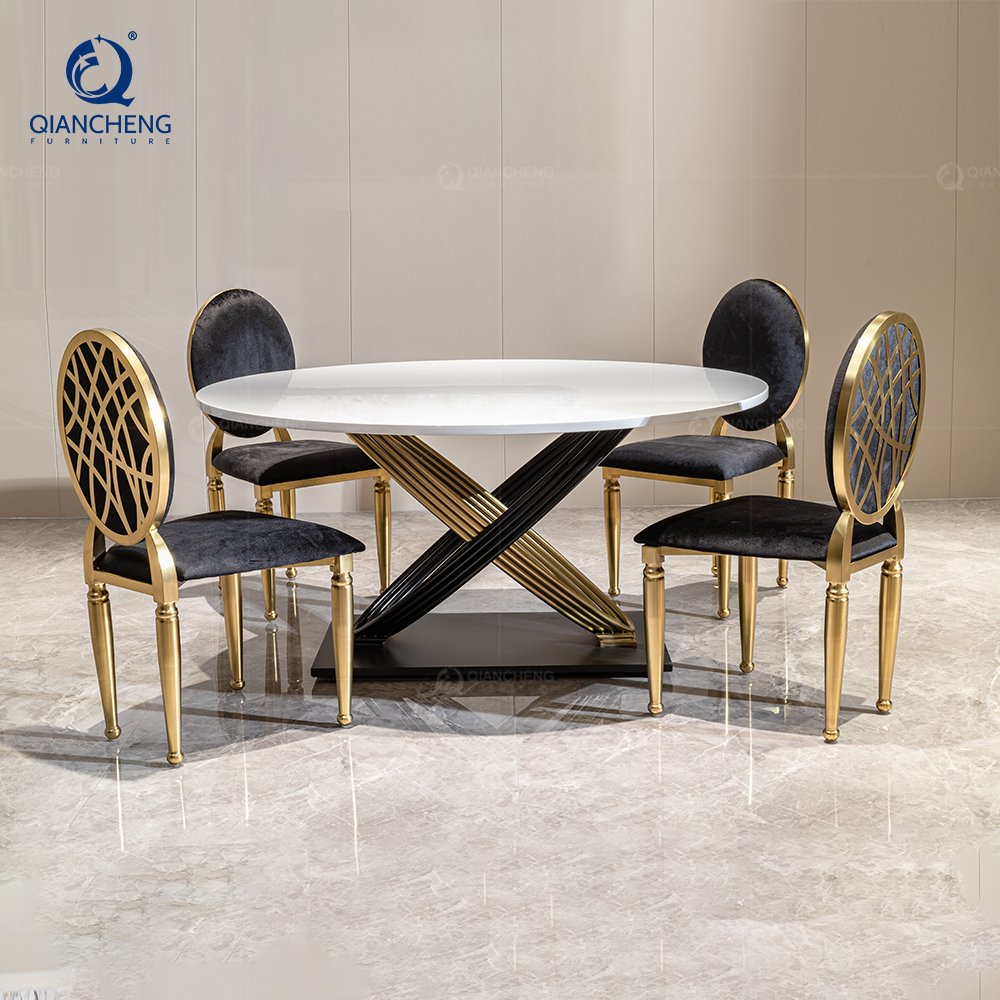 QIANCHENG stainless steel furniture supplier round marble gold tables modern elegant italian luxury dining table set