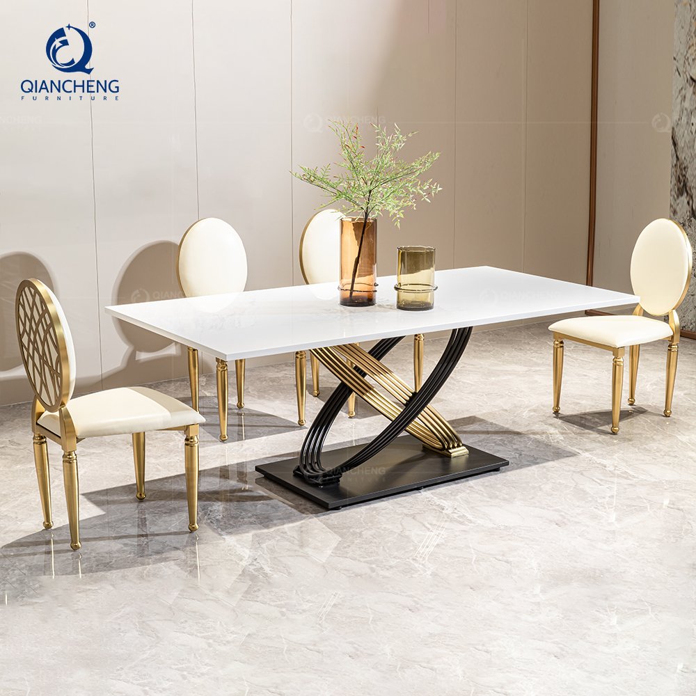 QIANCHENG stainless steel furniture supplier round marble gold tables modern elegant italian luxury dining table set