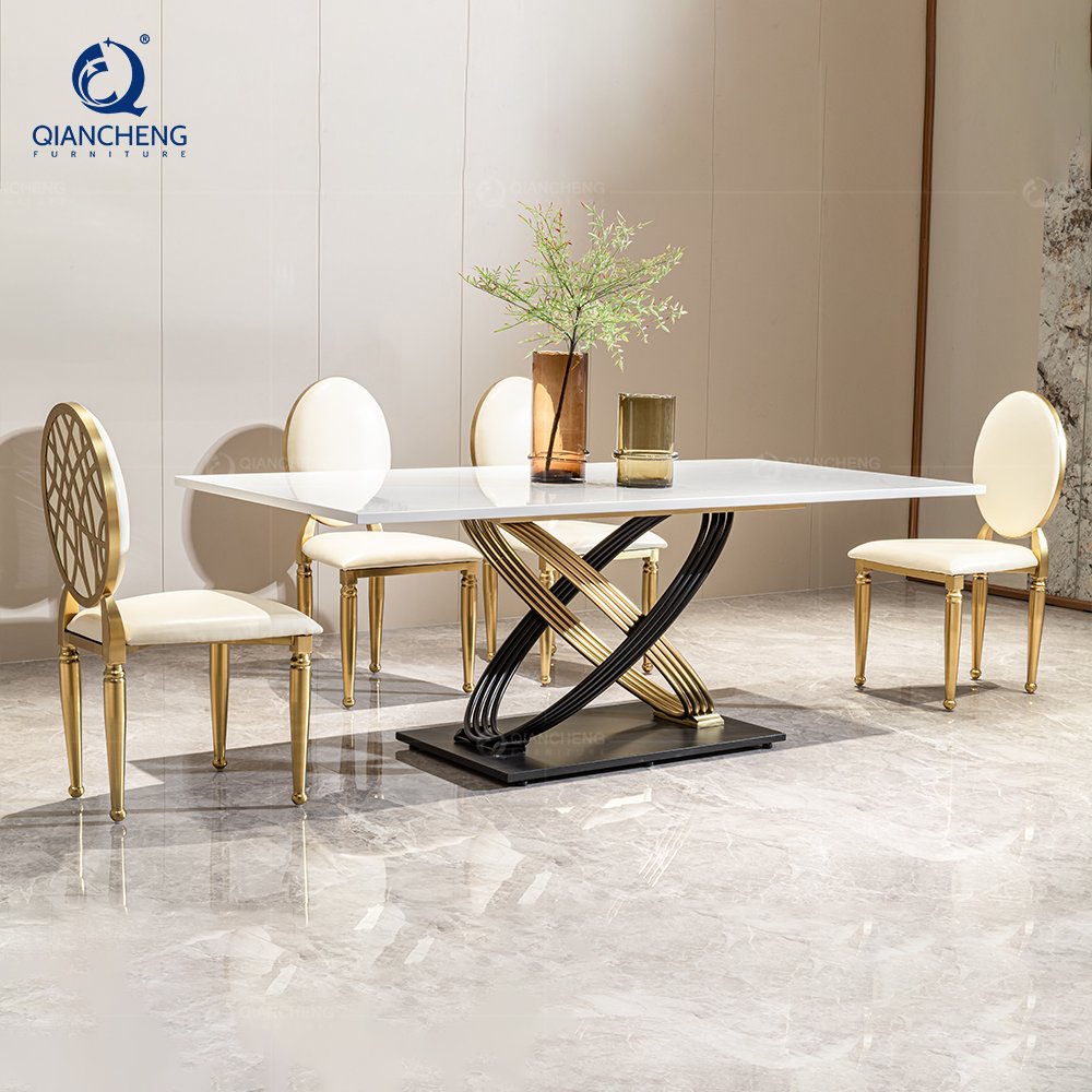 QIANCHENG stainless steel furniture supplier round marble gold tables modern elegant italian luxury dining table set
