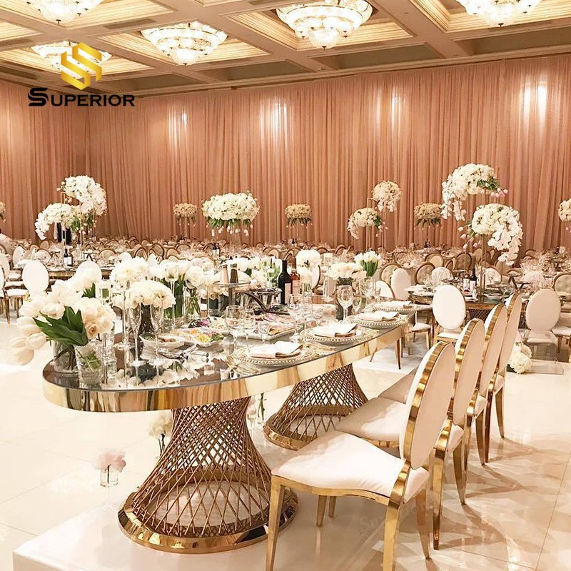 Stainless steel base glass top gold event oval glass dining table for event
