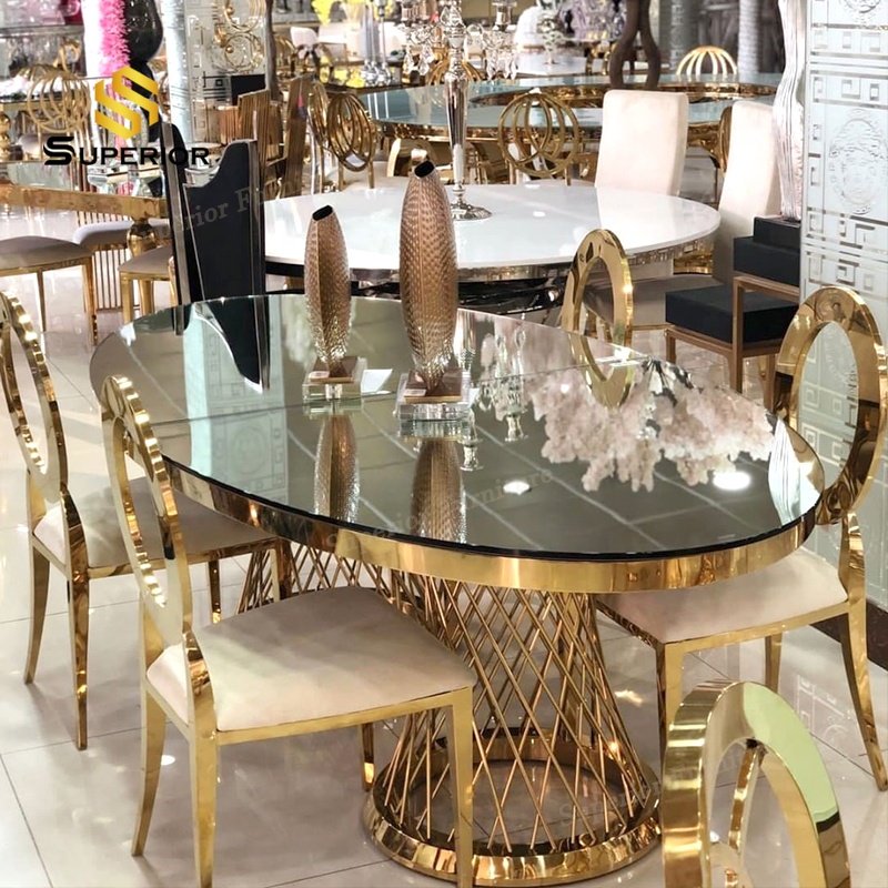 Stainless steel base glass top gold event oval glass dining table for event