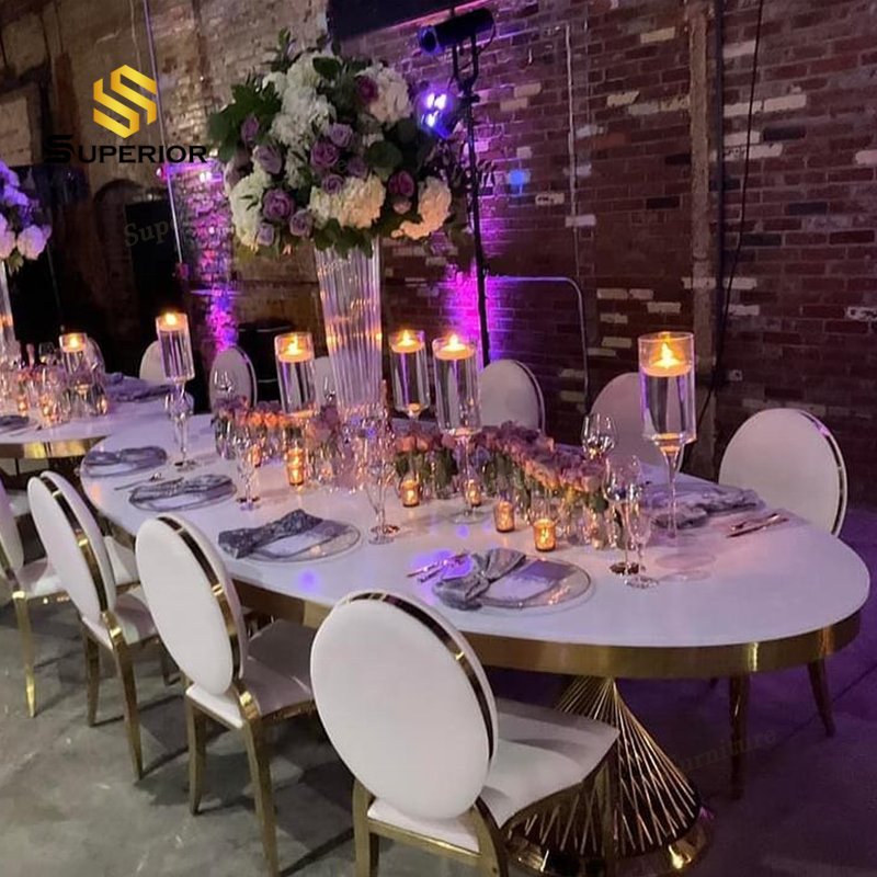 Stainless steel base glass top gold event oval glass dining table for event