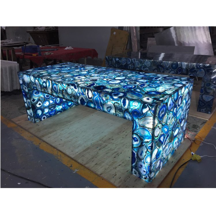 Long Size U Shape Hotel Use Translucent Stone Bar Table LED Glass Dining Table Set 6 Chairs