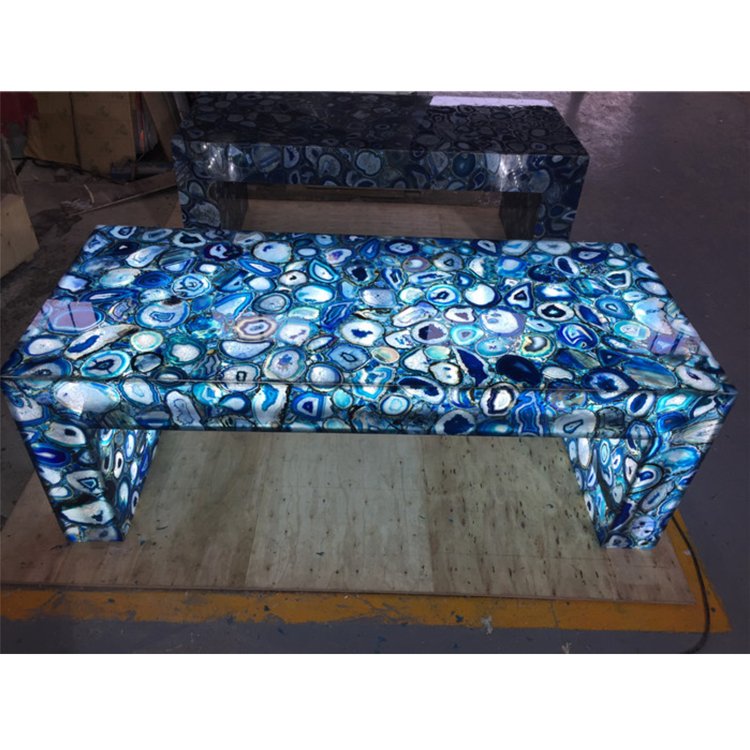 Long Size U Shape Hotel Use Translucent Stone Bar Table LED Glass Dining Table Set 6 Chairs