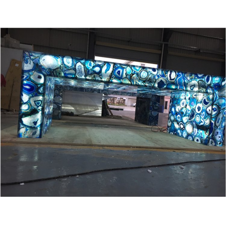 Long Size U Shape Hotel Use Translucent Stone Bar Table LED Glass Dining Table Set 6 Chairs