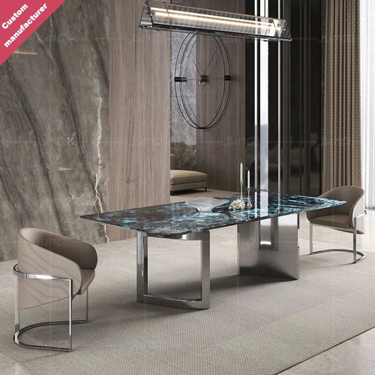 Luxury designs dining room seater marble top square round modern table and chairs set stainless steel dining tables
