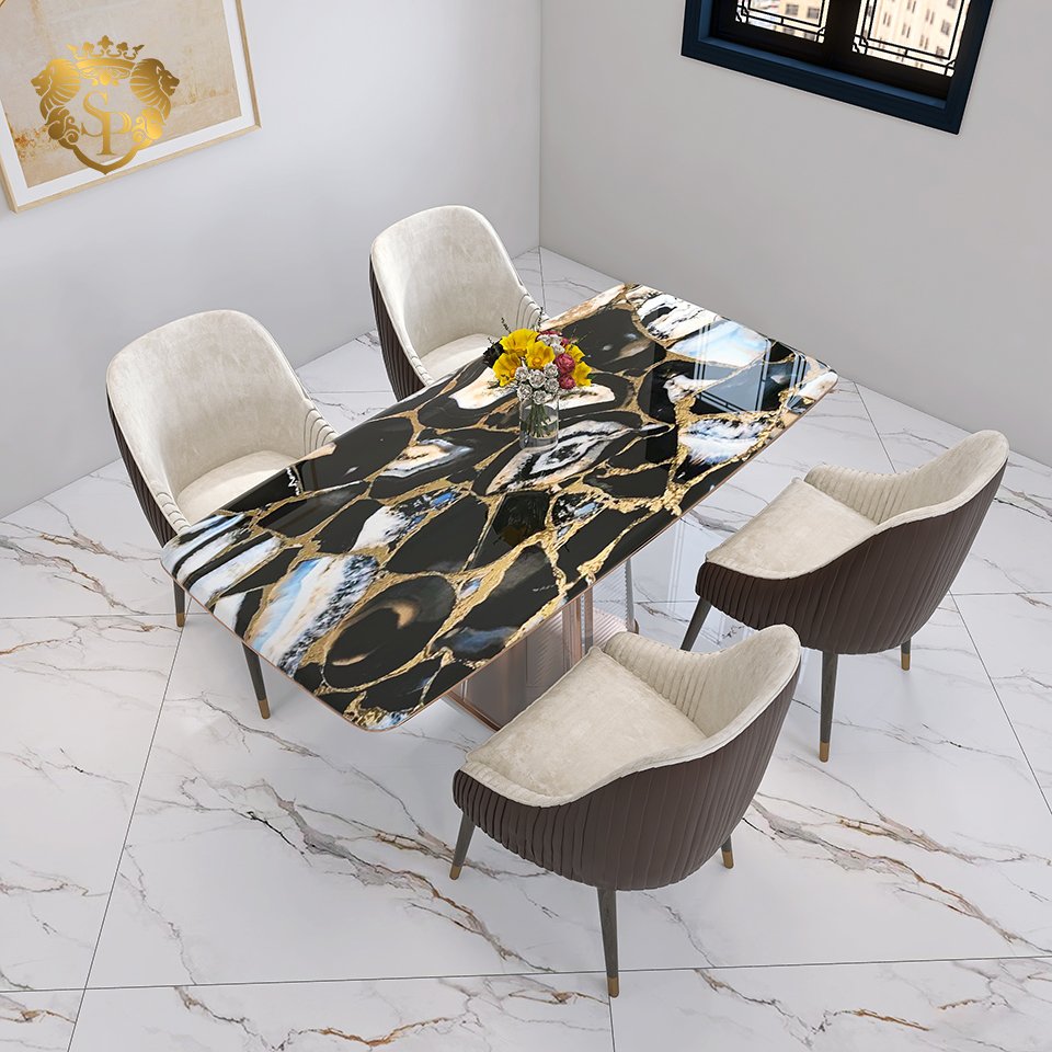 Modern light luxury black agate sintered stone tempered glass dining table living room home furniture 4 seater dining table