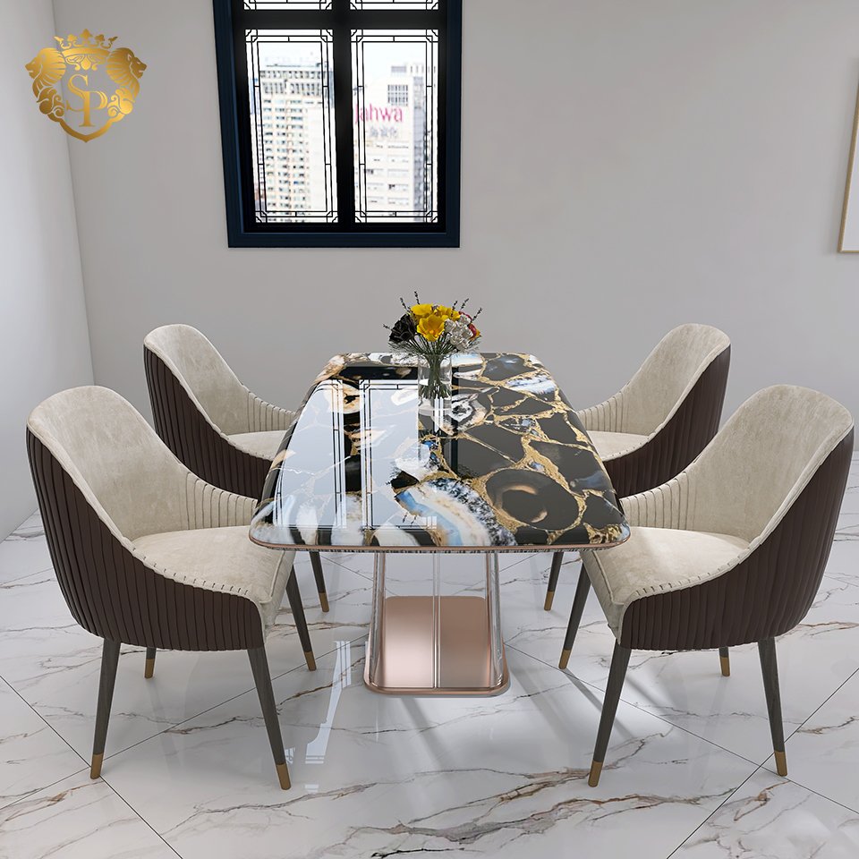 Modern light luxury black agate sintered stone tempered glass dining table living room home furniture 4 seater dining table