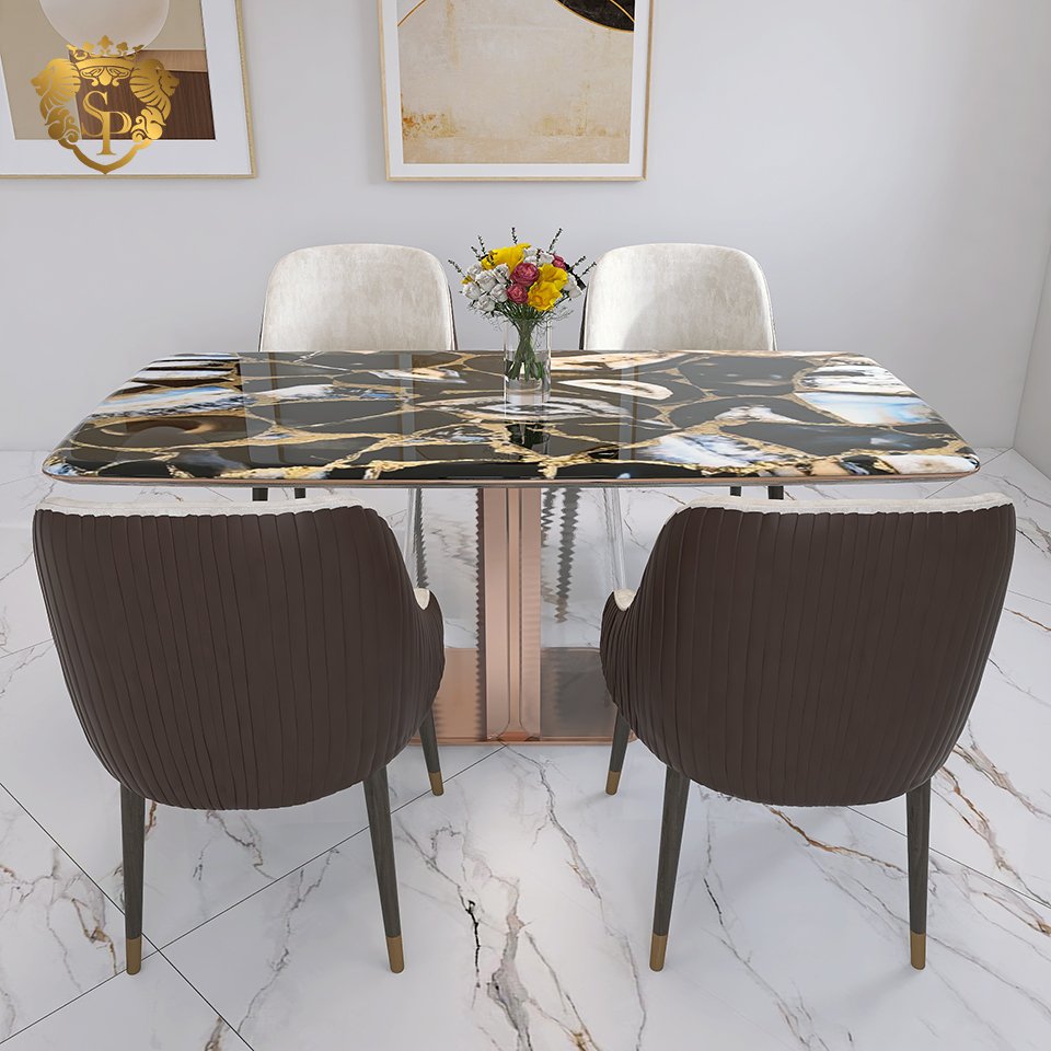 Modern light luxury black agate sintered stone tempered glass dining table living room home furniture 4 seater dining table