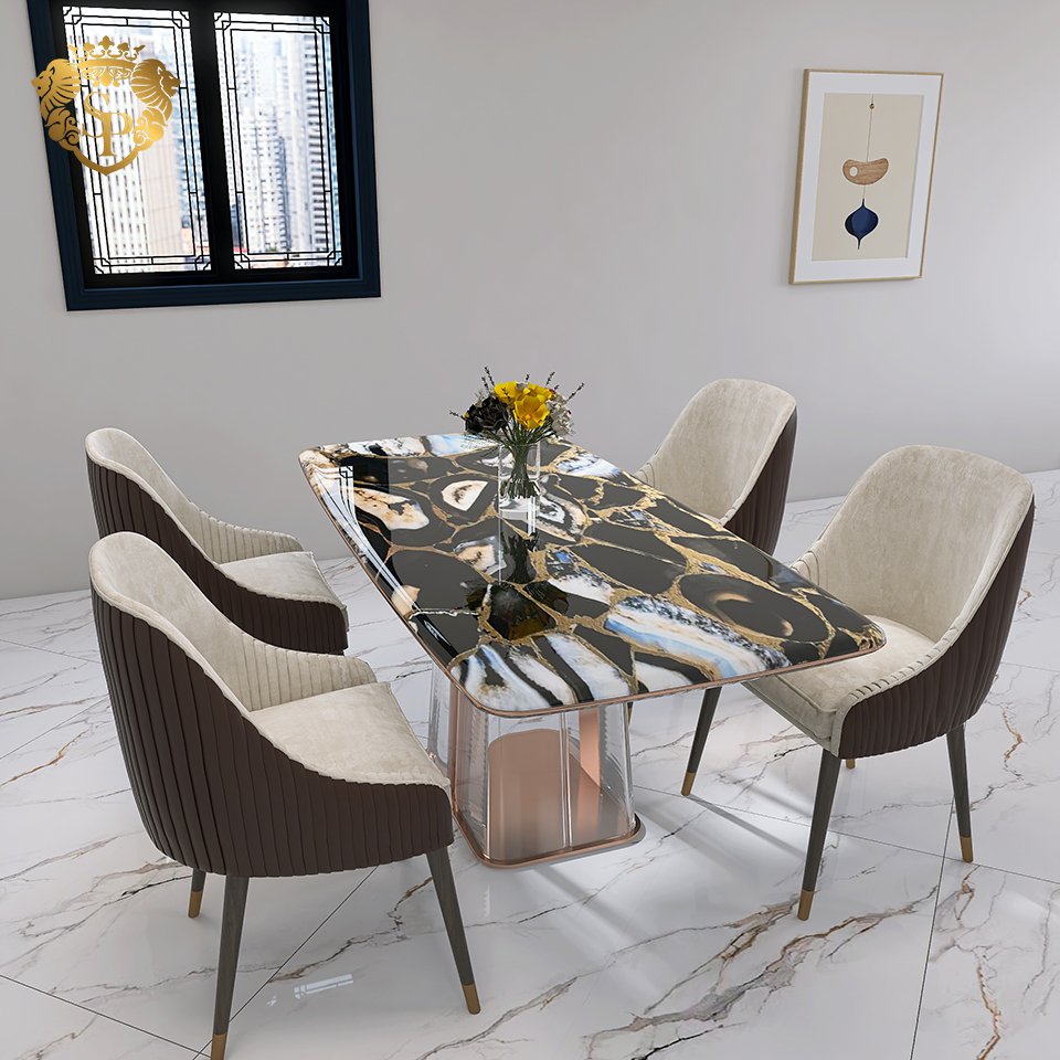 Modern light luxury black agate sintered stone tempered glass dining table living room home furniture 4 seater dining table