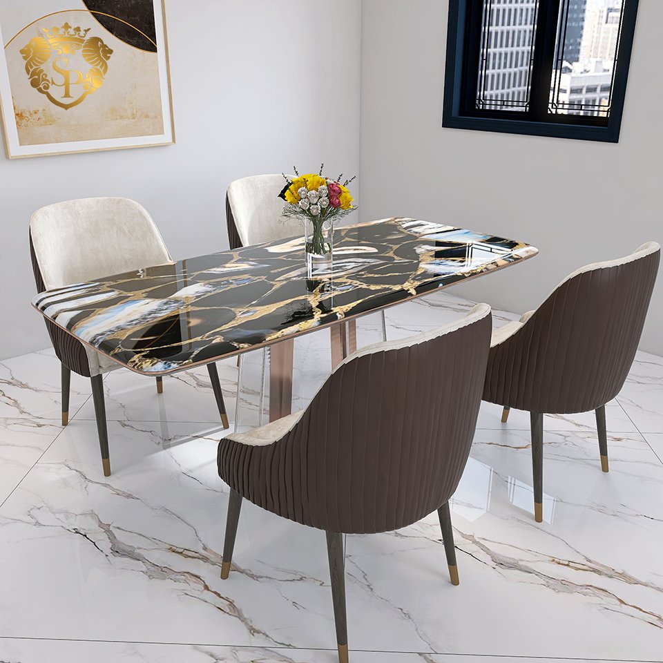 Modern light luxury black agate sintered stone tempered glass dining table living room home furniture 4 seater dining table
