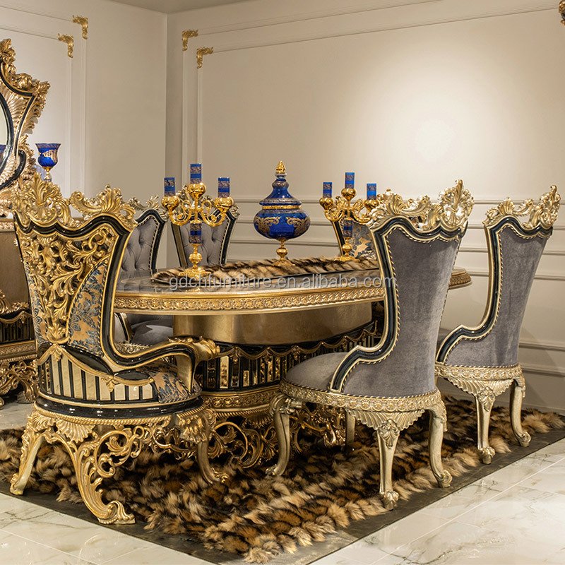European Style Rococo Dinning Sets Dining Table And Chairs French luxury Solid Wood dining room Table