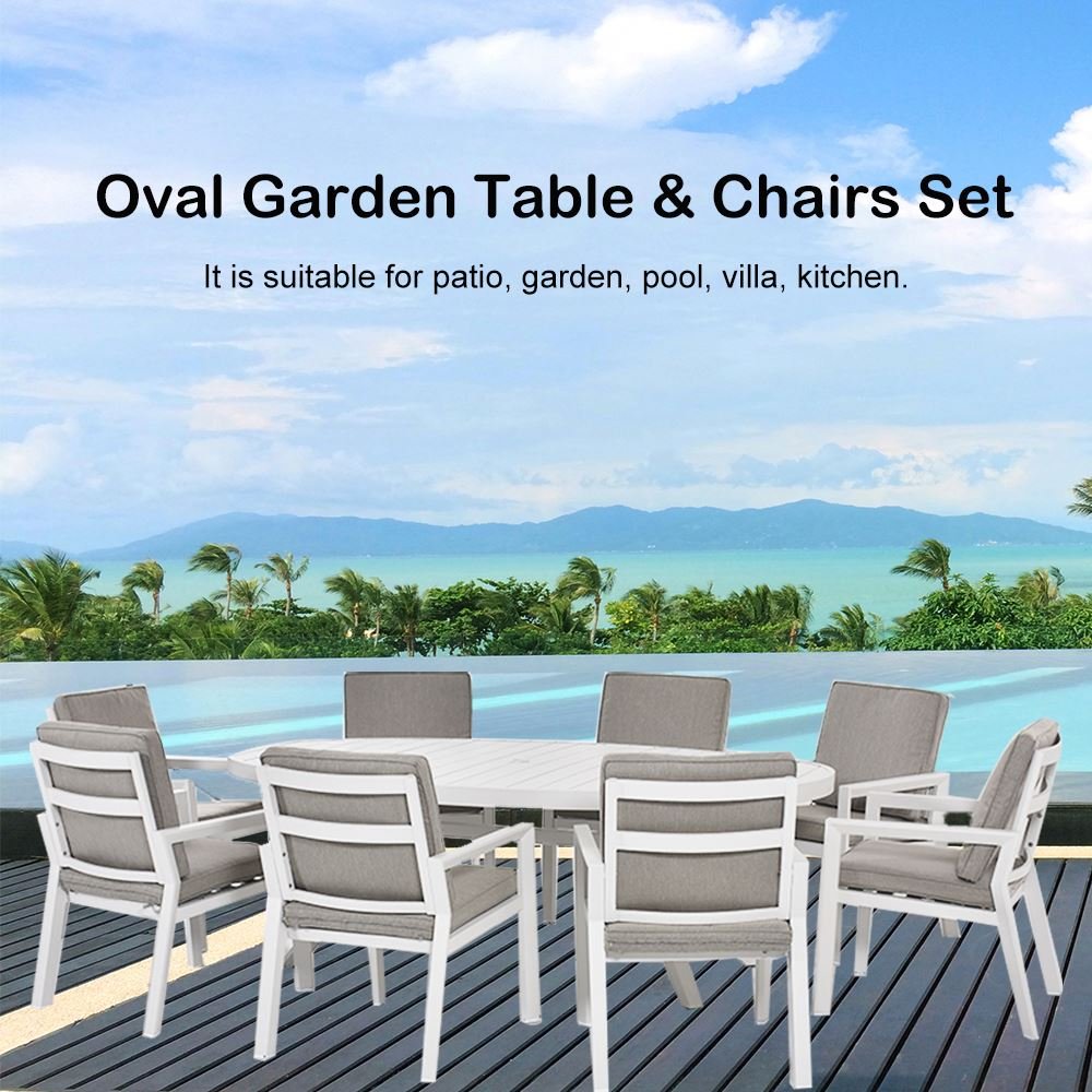 Modern Contemporary Aluminum Oval Table And 8 Chairs Dining Set Metal Garden Furniture Outdoor Patio Hotel Restaurant