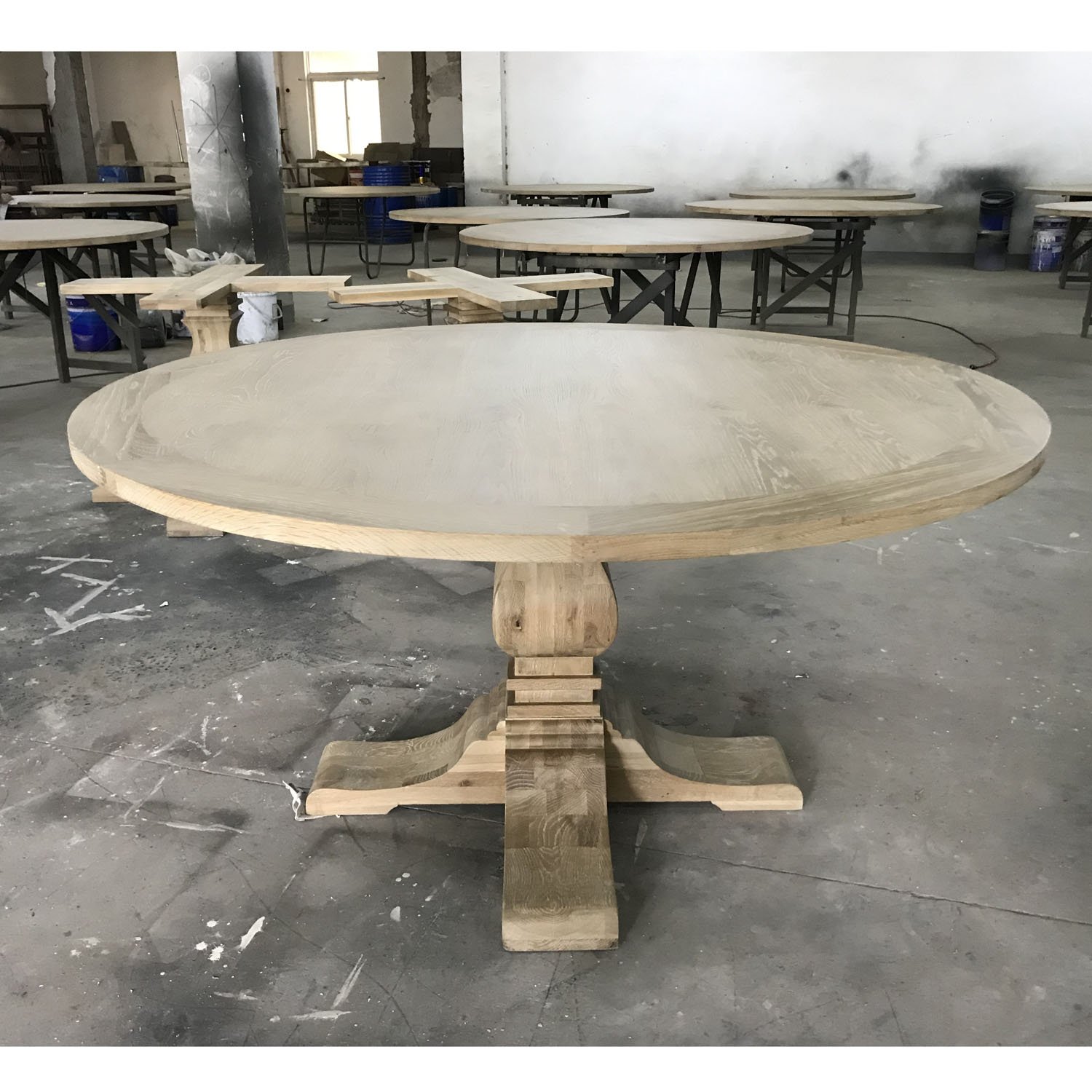 MRS WOODS Event rental wedding large oak wooden round dining table